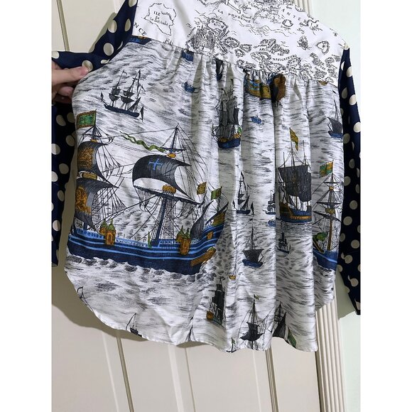 La Prestic Ouiston Jeanne Ship Map Swirl Print Silk Top Blouse Patchwork 1 Small - Picture 10 of 15